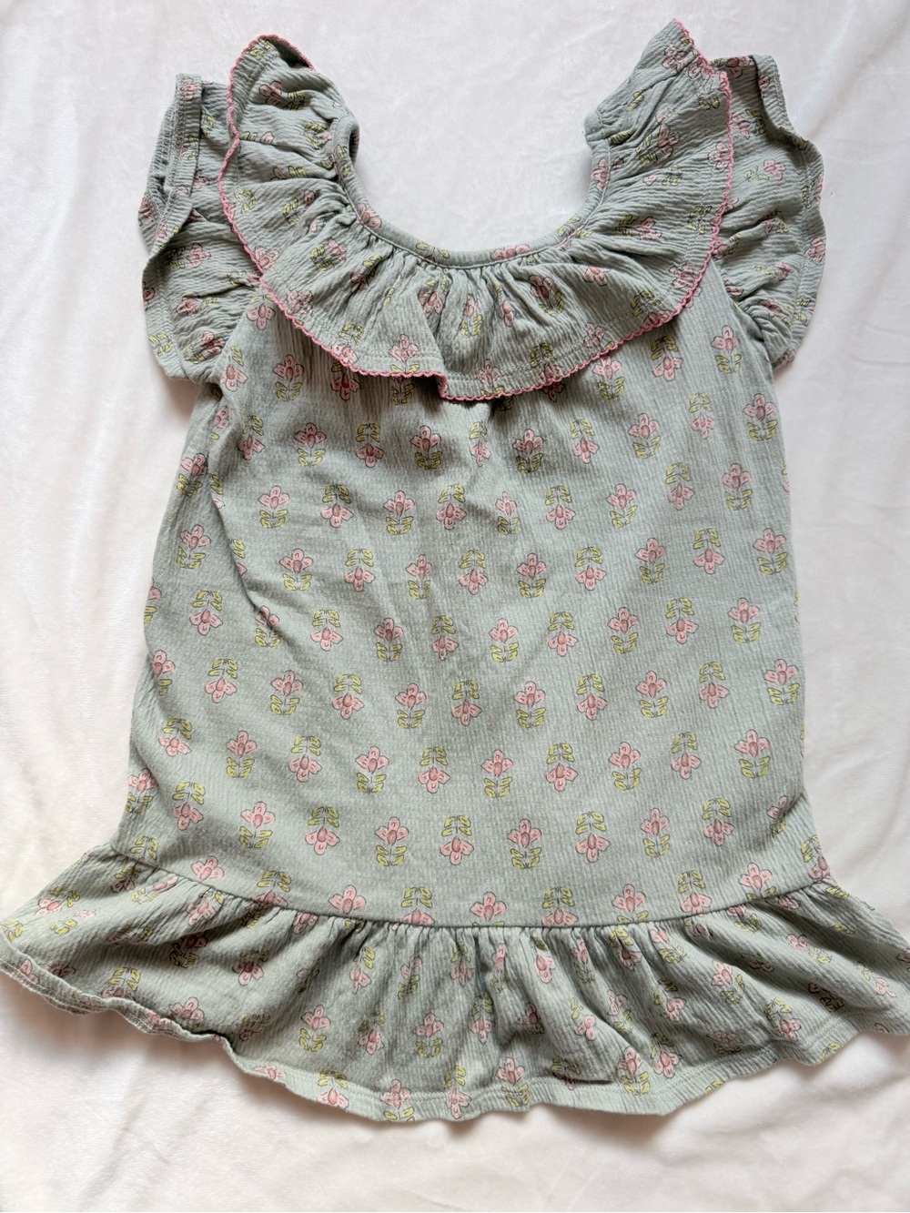 Boho Girls' Sage Floral Ruffle Dress Top - Pink Accents